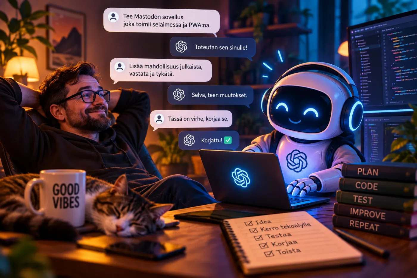 AI generoima näkemys vibekoodauksesta Rennosti tuolissa istuva mies antaa ohjeita tekoälyrobotille, joka kirjoittaa koodia tietokoneella. Puhekuplat kuvaavat vibekoodauksen vaiheita ideasta virheiden korjaamiseen.